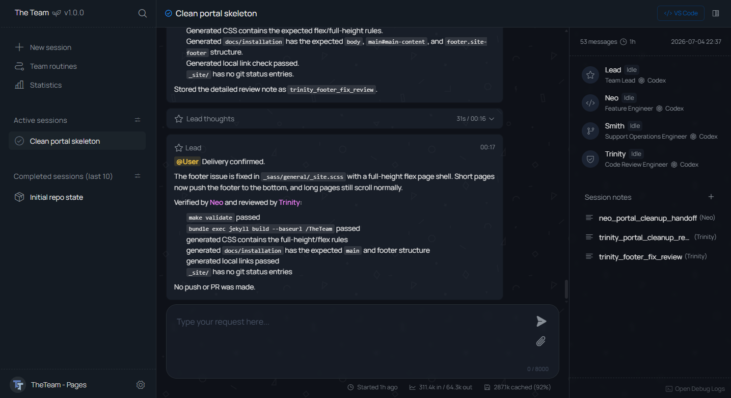 TheTeam application workspace showing active sessions and team chat