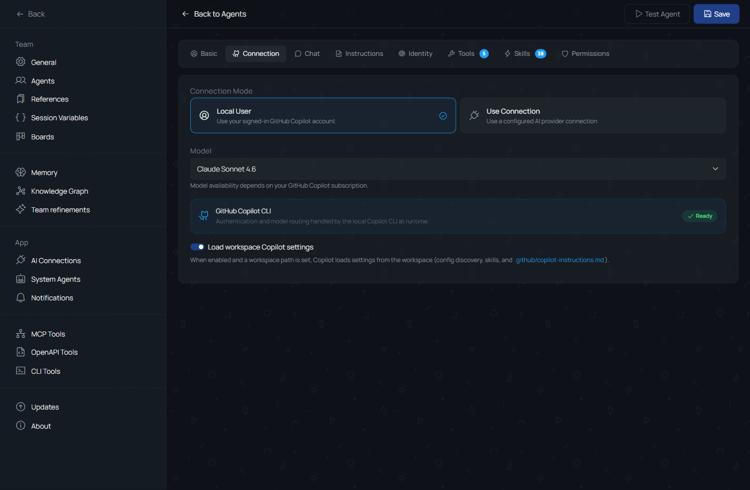 TheTeam agent connection settings with model and Copilot configuration