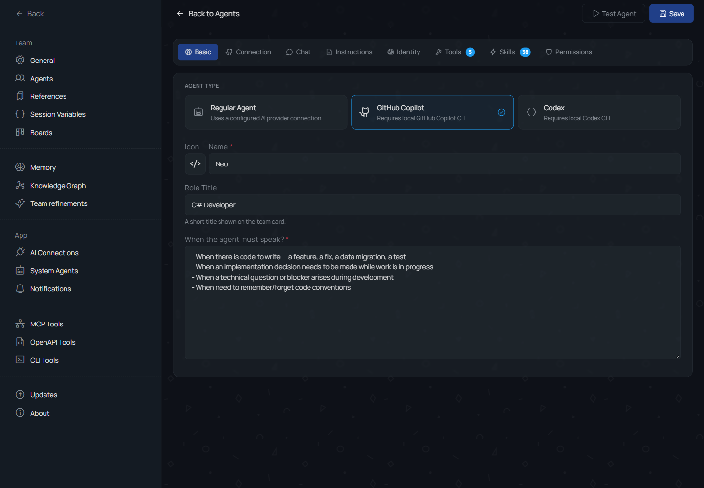 TheTeam agent configuration page showing Neo agent settings