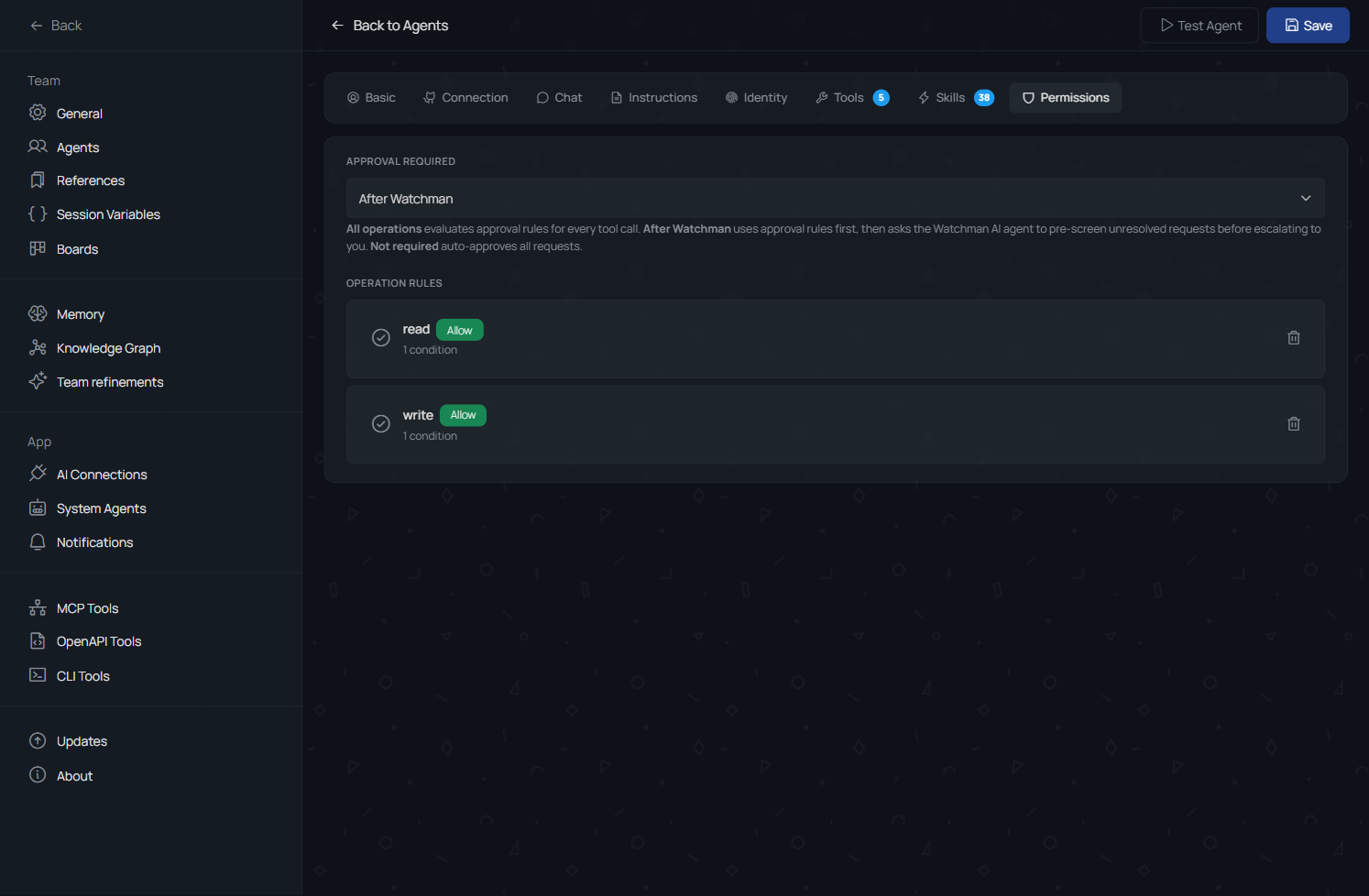 TheTeam agent permissions tab with approval mode and operation rules