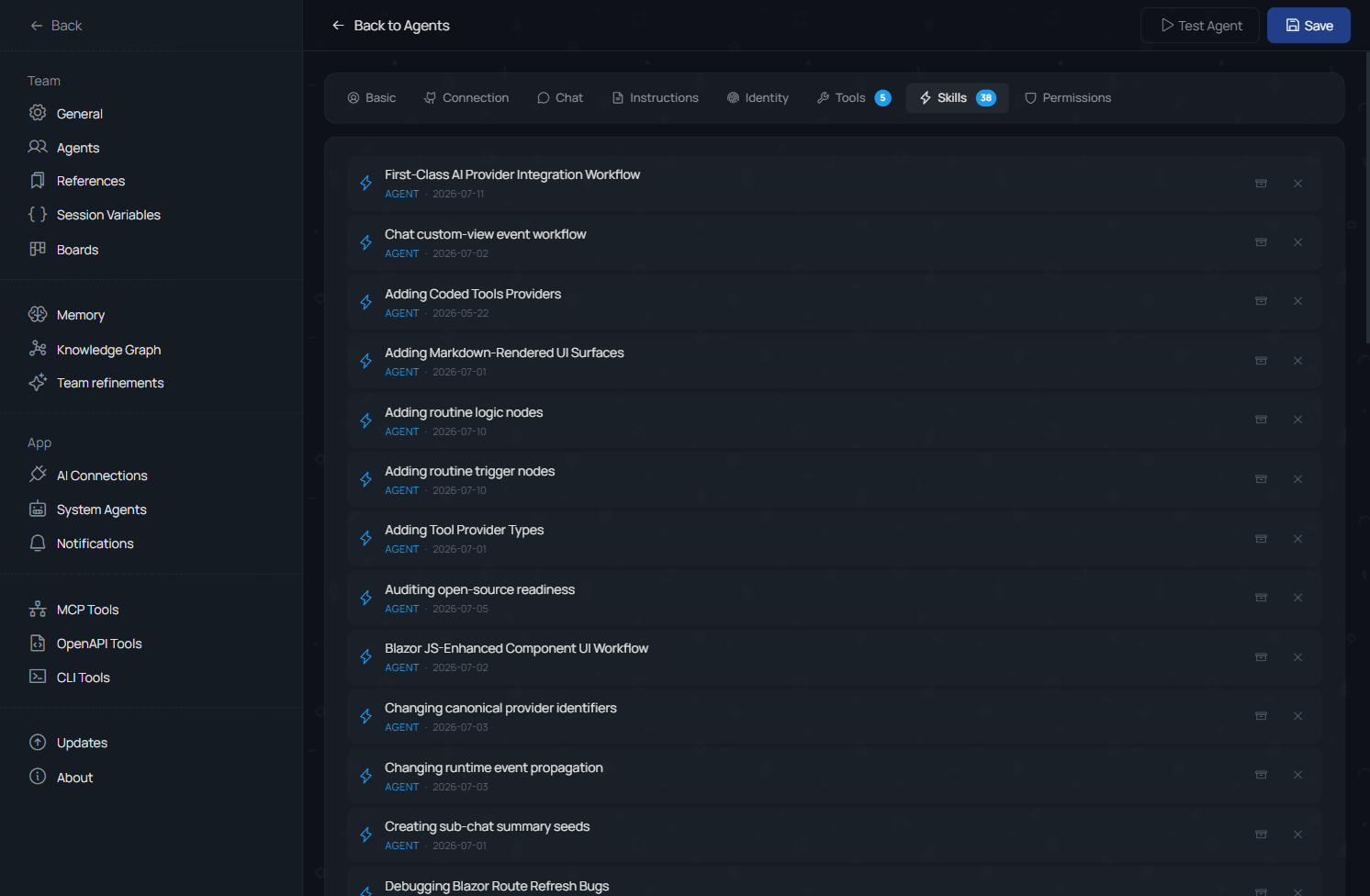 TheTeam agent skills tab with configured skills