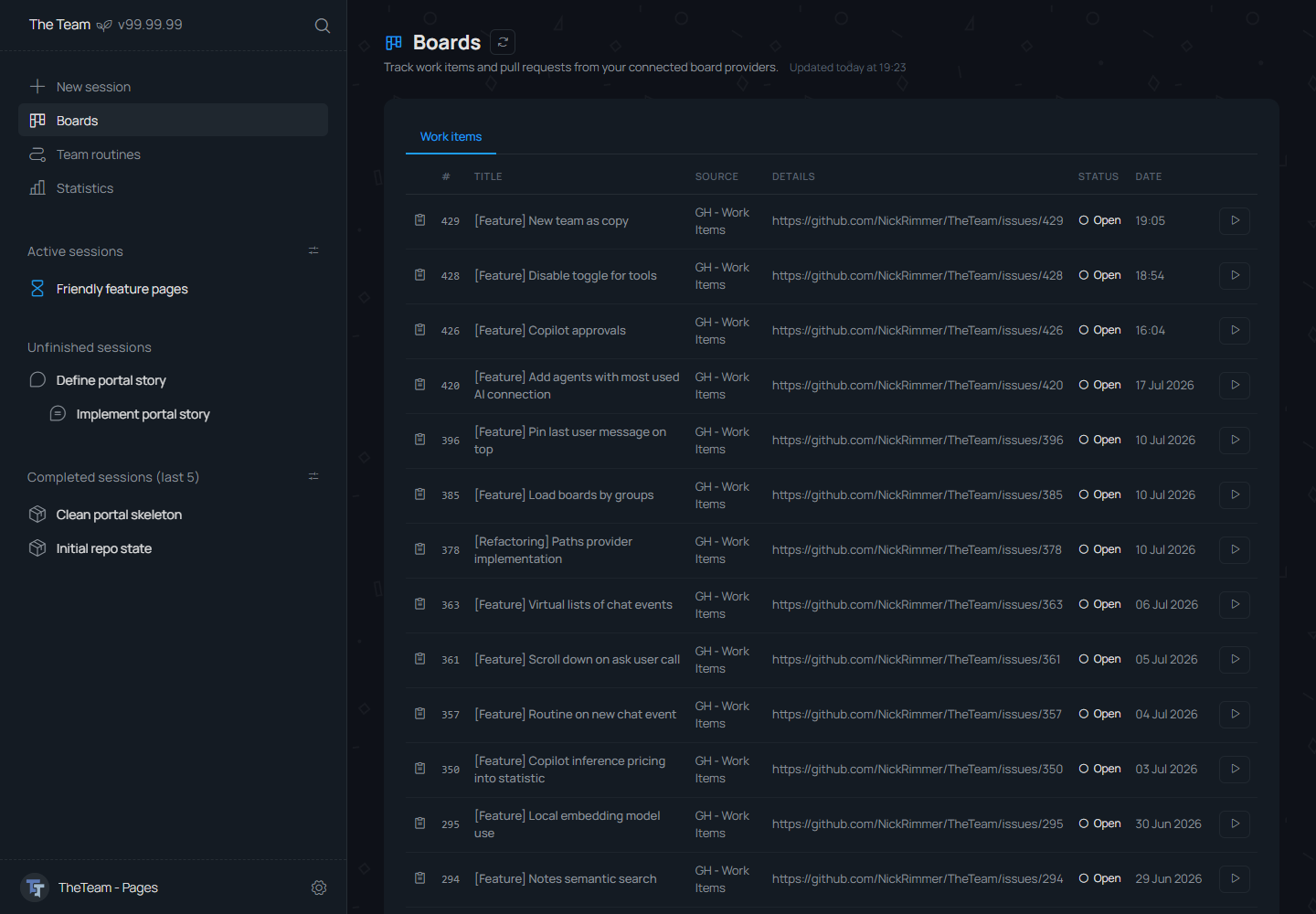 TheTeam Boards page with work items, statuses, and run actions