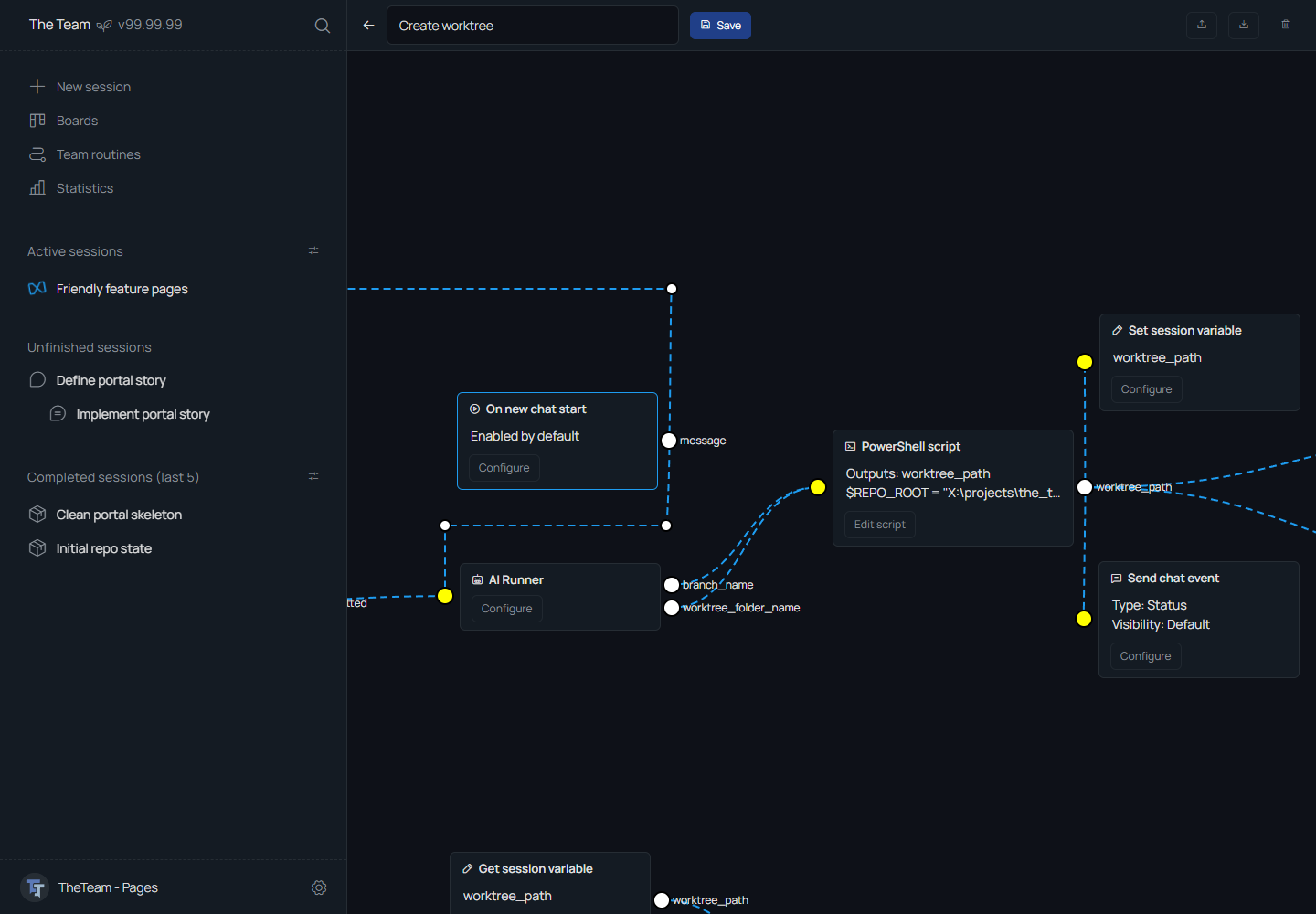 TheTeam routine builder with connected workflow nodes