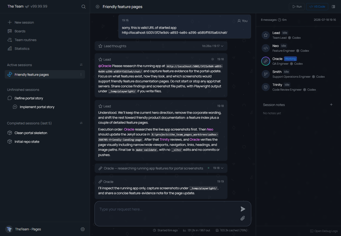 TheTeam shared session with chat, statuses, notes, and action buttons
